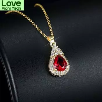 Роскошное женское ожерелье с подвеской из красного циркония, очаровательное свадебное ожерелье золотого цвета для женщин, милое ожерелье с цепочкой в виде капли воды из кристаллов 40cm