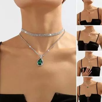 Роскошное женское ожерелье в стиле ретро в виде капли воды, блестящее многослойное колье с инкрустацией стразами, ожерелье, ювелирное изделие, подарок зелёный