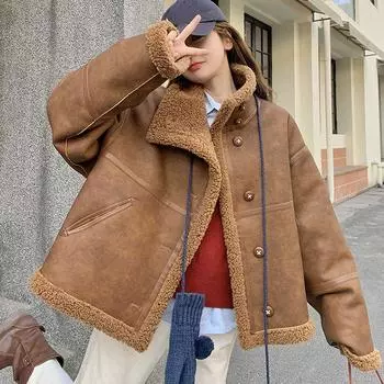 Роскошное женское пальто из овечьей шерсти с меховой отделкой на воротнике S кофейный