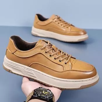 Роскошные 2024 новые мужские противоскользящие вулканизированные туфли на открытом воздухе модные повседневные кожаные туфли ручной работы на плоской подошве классические кроссовки с толстой подошвой 38 чёрный