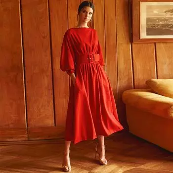 Роскошные 2024 новые женские весенне-летние о-образным вырезом с рукавами «летучая мышь» и поясом, модные элегантные повседневные платья с высокой талией для взлетно-посадочной полосы, вечерние офисные платья XL чёрный