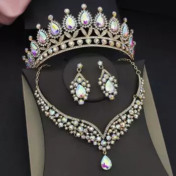 Роскошные AB Crystal Crown свадебные комплекты ювелирных изделий для женщин диадемы ожерелья наборы для вечеринки свадебная корона Дубай комплект ювелирных изделий аксессуары