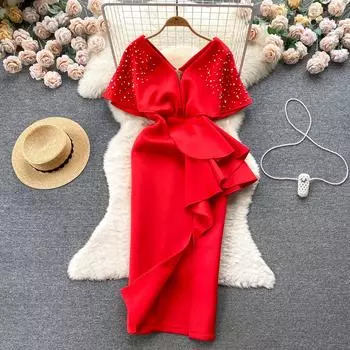 Роскошные элегантные дизайнерские платья с V-образным вырезом, вечернее платье с пайетками, женское облегающее платье Y2k до середины голени, отделка бисером S чёрный