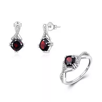 Роскошные элегантные серебряные серьги, кольцо и подвеска, комплект для женщин, натуральный гранат, январский камень, модные украшения, предложение, подарок для любви US RING SIZE:7# красный