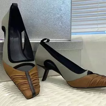 Роскошные атласные плиссированные дизайнерские туфли на высоком каблуке женские осенние ретро полые тонкие каблуки для женщин элегантные банкетные туфли с квадратным носком женские туфли-лодочки 35 коричневый