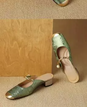 Роскошные атласные туфли на высоком каблуке с квадратным носком, женские модные дизайнерские босоножки, женские зеленые туфли-лодочки с открытой пяткой, женские туфли-лодочки Muller 35