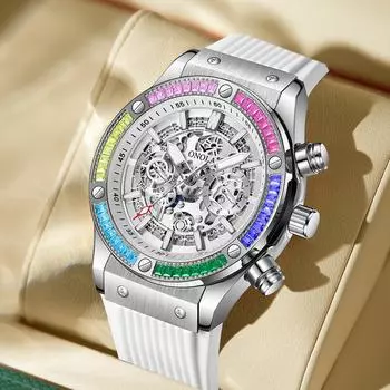 Роскошные автоматические часы мужские спортивные силиконовый ремешок водонепроницаемые часы модные радужные ледяные бриллиантовые механические наручные часы скелетон Reloj белый