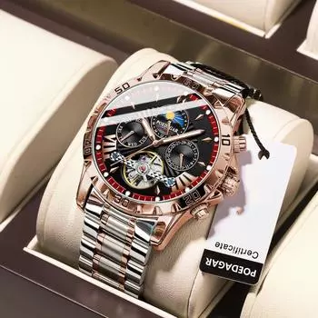 Роскошные автоматические механические часы для мужчин с полым турбийоном, водонепроницаемые, светящиеся, дата, неделя, мужские часы из нержавеющей стали