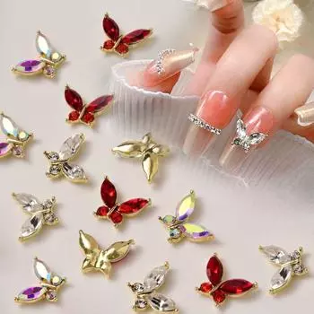 Роскошные аксессуары для дизайна ногтей с кристально-красной бабочкой и золотым покрытием