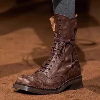 Роскошные байкерские ботинки из натуральной кожи, женские ботильоны на толстой платформе, женские ботинки на шнуровке до середины голени в стиле ретро-рыцаря 35