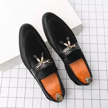 Роскошные бархатные туфли на плоской подошве из кожи, мужские деловые туфли с кисточками, модная обувь, туфли для банкета, туфли для вождения, официальная одежда для отдыха 38 чёрный