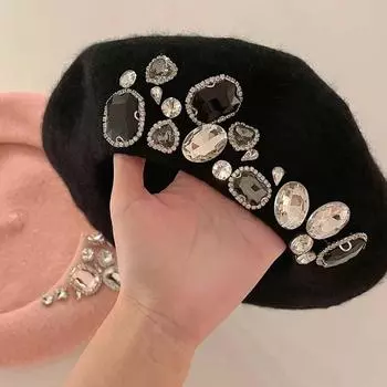 Роскошные блестящие черные береты со стразами для женщин, вечерние блестящие шапки с перламутром, толстая теплая популярная шапка 55-58cm