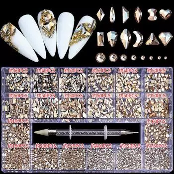 Роскошные блестящие стразы для дизайна ногтей с кристаллами, набор украшений из стекла AB, 1 шт., ручка в сетке, коробка, 21 форма, около 3100 шт.