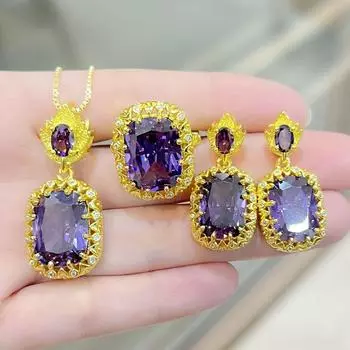 Роскошные большие фиолетовые кристаллы аметиста драгоценные камни бриллианты ювелирные наборы для женщин кольца серьги кулон вечерние аксессуары подарки resizable&45cm