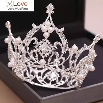 Роскошные большие круглые стразы королевы принцессы тиара и корона жемчуг невесты головной убор свадебные украшения для волос аксессуары