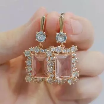 Роскошные большие серьги для женщин, новинка 2023 года, модные серьги-капли с геометрическим цирконом золотого цвета, свадебные ювелирные аксессуары, аксессуары розовый