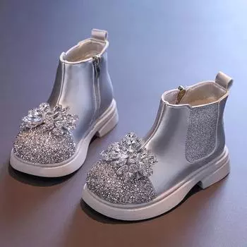 Роскошные ботильоны для девочек, украшенные блестками и стразами, детские сапоги принцессы, модные, универсальные, повседневные, детские кожаные сапоги, милые, элегантные 26 серебряный