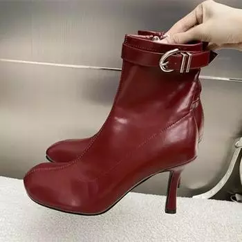 Роскошные ботильоны из мягкой кожи с боковой молнией, женские сексуальные ботильоны с пряжкой на ремне и круглым носком, современные ботинки на тонком каблуке Botas Mujer 35