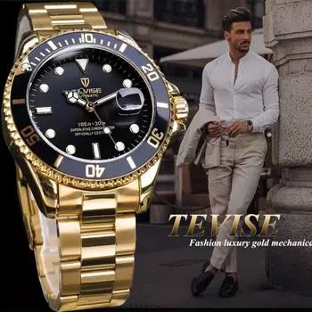 Роскошные брендовые автоматические наручные часы из нержавеющей стали с датой и календарем, водонепроницаемые военные мужские механические часы для дайвинга чёрный/золотой