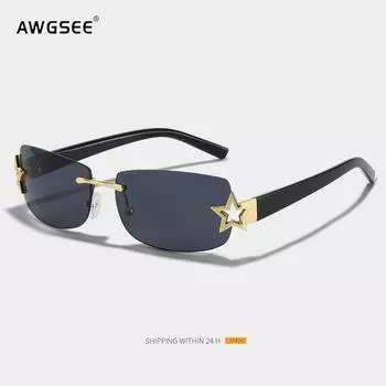 Роскошные брендовые качественные прямоугольные солнцезащитные очки женские 2025 Y2k модные пентаграммные солнцезащитные очки без оправы винтажные оттенки UV400 gafas de sol