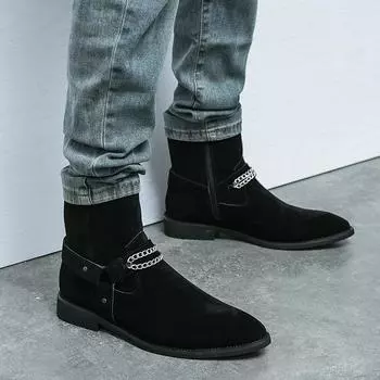 Роскошные брендовые мужские кожаные ботинки Chelsea, повседневная обувь с толстыми подошвами и острым носком, высокие туфли, модные тенденции, замшевые кожаные ботинки 38 чёрный
