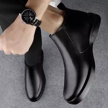 Роскошные брендовые мужские повседневные ботинки челси из натуральной кожи, черные однотонные уличные ботинки, теплые плюшевые зимние мотоциклетные ботильоны 38 чёрный