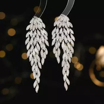 Роскошные брендовые ювелирные изделия для свадебной вечеринки, длинные висячие серьги с кисточками и листьями, модные серьги с микро прокладкой из кубического циркония серебряный