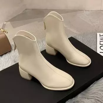 Роскошные брендовые женские бежевые туфли на высоком каблуке до щиколотки, зимние женские туфли «Челси» с квадратным носком, высококачественные женские короткие ботинки, новая обувь 35