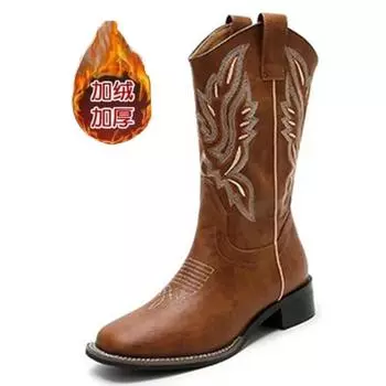 Роскошные брендовые женские сапоги, вышитые вестерн-сапоги, кожаные ковбойские сапоги до середины голени, зимние туфли на толстом каблуке, женская осенняя обувь 35