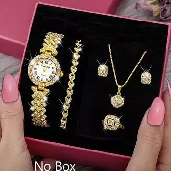 Роскошные бриллиантовые украшения и часы для женщин, блестящие кварцевые часы, браслет, хрустальное ожерелье, серьги, кольцо, ювелирные изделия, фестиваль, подарки Set 4