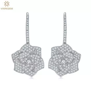 Роскошные бриллианты Vinregem D, 100% стерлинговое серебро 925 пробы, 3EX VVS1, настоящий муассанит, драгоценный камень, цветы розы, висячие серьги, свадебные и помолвочные ювелирные украшения