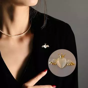 Роскошные броши с короной в форме сердца и крыльями ангела для женщин, металлические антибликовые броши на лацкане, фиксированные булавки для одежды, свитер, пальто, аксессуары для одежды золотой