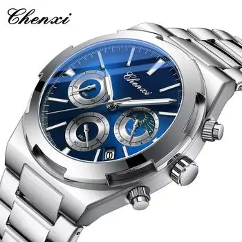 Роскошные часы для мужчин Элегантные Дата Неделя Луна Водонепроницаемые Светящиеся мужские спортивные кварцевые часы из нержавеющей стали Reloj синий