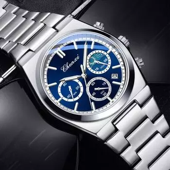Роскошные часы для мужчин кварцевые деловые мужские часы водонепроницаемые светящиеся мужские часы из нержавеющей стали с хронографом синий