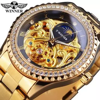 Роскошные часы для мужчин Механические Кристалл Корпус Скелетон Выгравированный Циферблат Фаза Луны Ремешок из нержавеющей стали Автоматические часы Relogio золотой