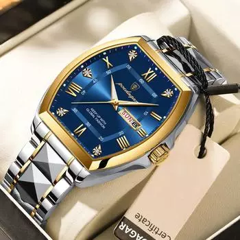 Роскошные часы из нержавеющей стали для мужчин, светящиеся водонепроницаемые, дата, неделя, мужские часы, корпус Tonneau, мужские кварцевые часы для мужчин