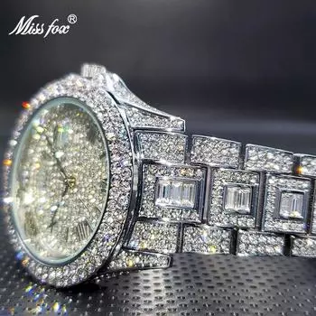 Роскошные часы MISSFOX Ice Out Diamond для Relogio Masculino, многофункциональные часы с календарем и регулировкой даты, кварцевые часы для мужчин, дропшиппинг
