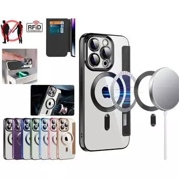 Роскошные чехлы с покрытием для Magsafe, магнитный чехол для беспроводной зарядки для iPhone 14 Plus 11 12 13 Pro Max, кожаный кошелек-раскладушка с полным покрытием For iPhone 14 розовый