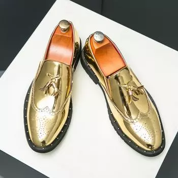 Роскошные деловые формальные кожаные туфли золотистого цвета, мужские повседневные туфли-оксфорды без застежек, модные офисные туфли с острым носком, лакированные туфли с кисточками 38 чёрный
