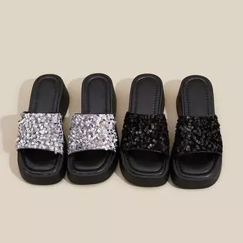 Роскошные дизайнерские классические женские кожаные тапочки, летние женские сандалии на низком каблуке, модные женские туфли на плоской подошве из искусственной кожи 35 чёрный