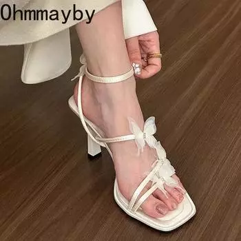 Роскошные дизайнерские летние женские босоножки на высоком каблуке, модные элегантные туфли с бабочкой, женские босоножки для вечеринок и вечеринок 35 бежевый