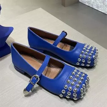 Роскошные дизайнерские туфли Мэри Джейн из искусственной кожи с металлическими заклепками, женские балетки с квадратным носком 2025 года, элегантные женские туфли 35 чёрный