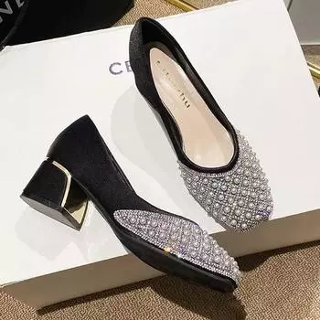 Роскошные дизайнерские женские модные туфли-лодочки для вечеринок, туфли на высоком каблуке с квадратным носком для девочек, женские лоферы без шнуровки со стразами и жемчугом, размеры 35-43 35 чёрный