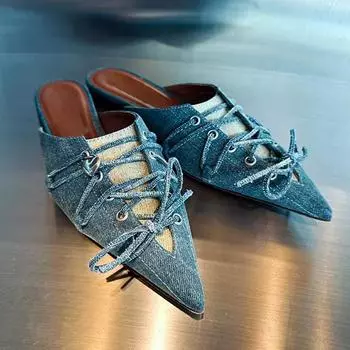 Роскошные дизайнерские женские тапочки из денима синего цвета, сексуальные сандалии с острым носком и перекрестными шнурками, элегантные удобные туфли-мюли на плоской подошве для женщин 35 синий