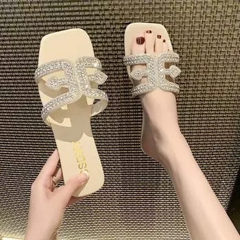 Роскошные дизайнерские женские тапочки на плоской подошве со стразами, уличные модные женские тапочки, повседневная вечеринка, пляжная удобная обувь 39 бежевый