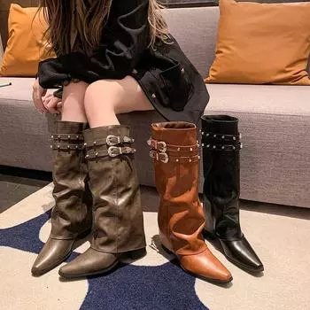 Роскошные дизайнерские зимние женские ковбойские сапоги в стиле вестерн, модные элегантные длинные рыцарские сапоги с квадратным каблуком, женская обувь 35