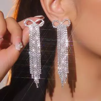 Роскошные длинные серьги-кисточки с бантом, модные цепочные блестящие женские серьги с кристаллами, 1 пара