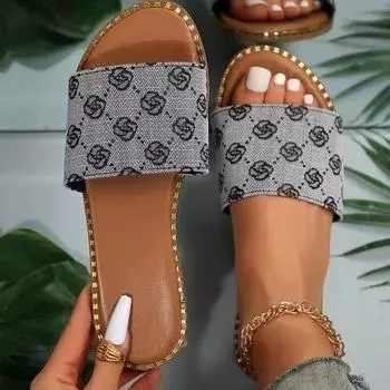 Роскошные джинсовые летние тапочки для женщин, трендовые сандалии на плоской подошве, женские повседневные шлепанцы с открытым носком, женские пляжные тапочки, обувь на плоской подошве 36