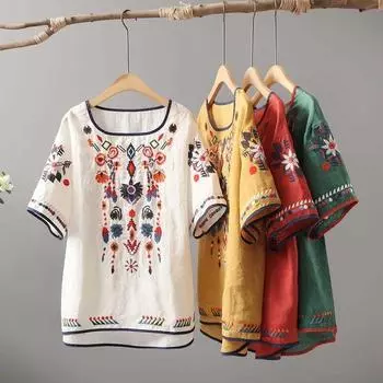 Роскошные футболки с цветочной вышивкой, женские классические свободные рубашки в китайском стиле, повседневные винтажные летние блузки с короткими рукавами и круглым вырезом, топы