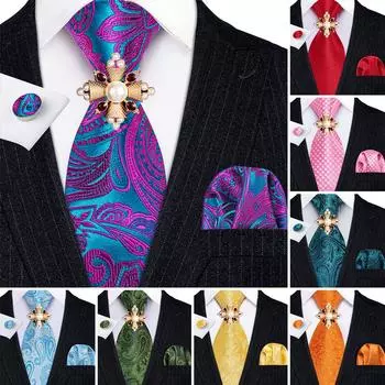 Роскошные галстуки с жемчужной брошью для мужчин, жаккардовый шелковый галстук с узором пейсли и цветочным узором, набор запонок с нагрудным карманом N-5198